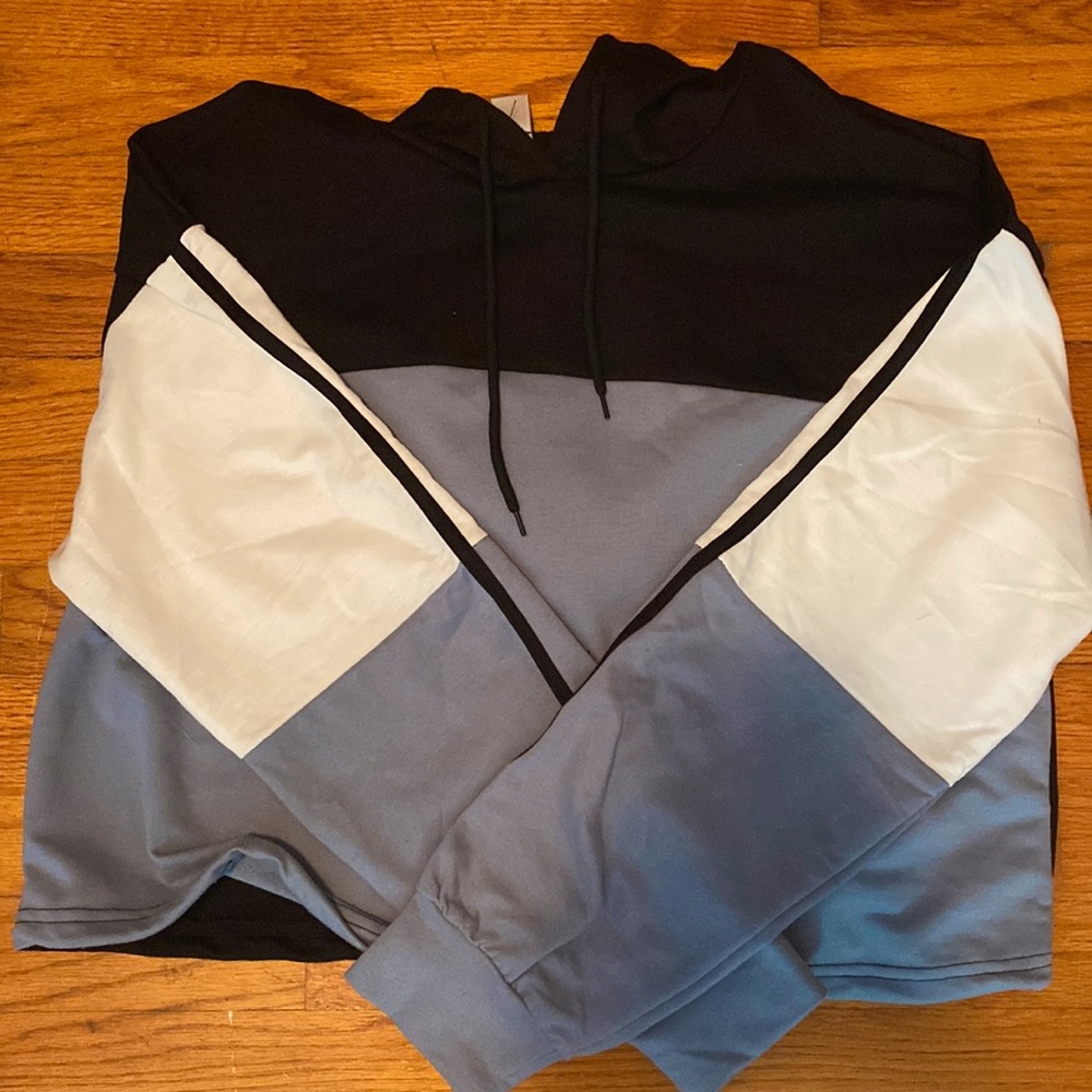 blue white and black draw string hoodie